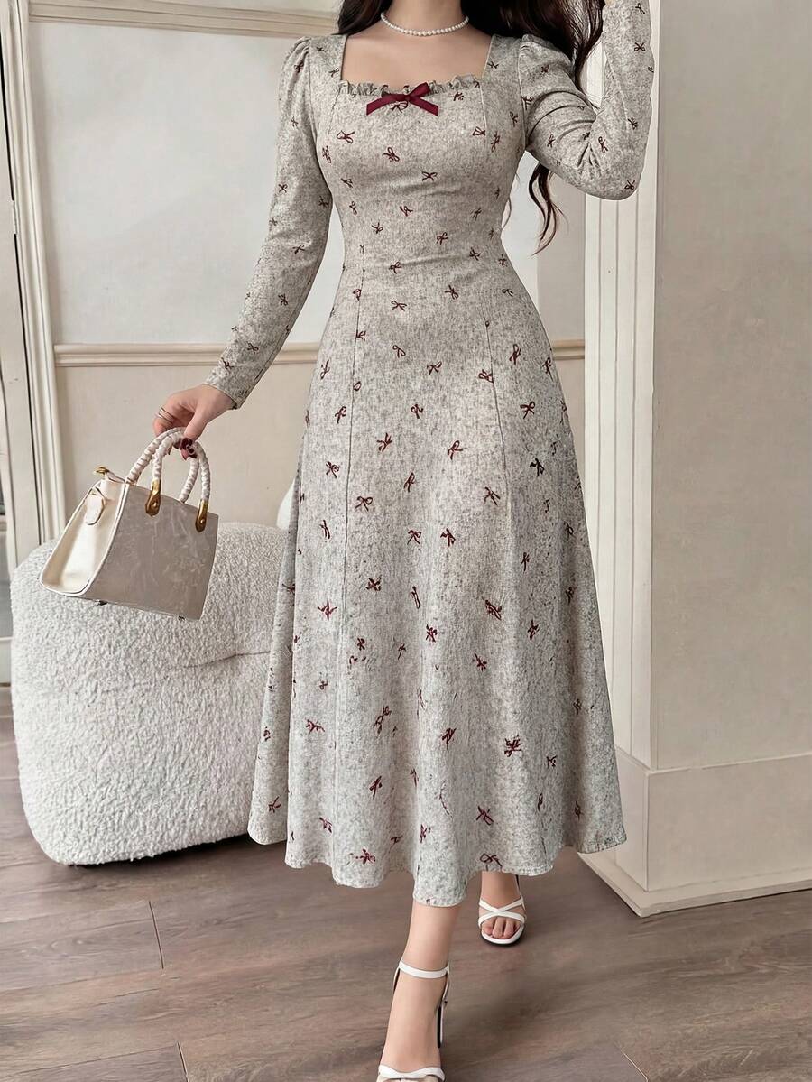 Feyla Plus Size Women's Fashion Bow Decor Square Neck Short Sleeve Dress - Multicolor - View 1