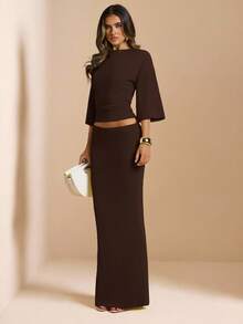 SHEIN BAE Women's Solid Color Backless Top Mermaid Skirt Elegant 2 Pieces Set Party Night Dark Brown Autumn - Coffee Brown - View 4
