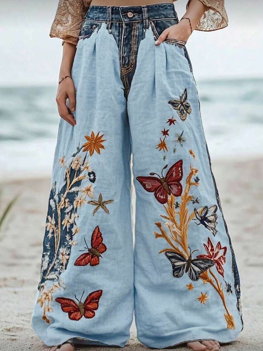 Breezaya 女款花卉蝴蝶圖案寬腿寬鬆休閒長褲,適合度假 - 彩色 - 查看 1