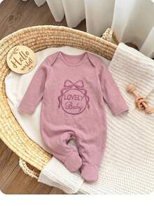 SHEIN Newborn Baby Boy/Girl Baby Girl 1pc Fall Outfits Long Sleeve Round Neck Bow Letter Embroidery Jumpsuit - Pink - View 2