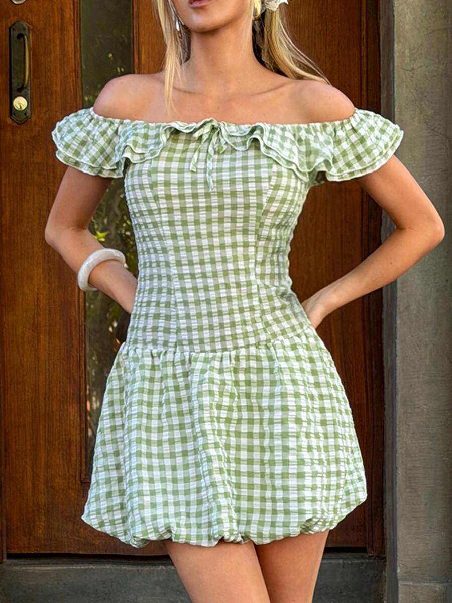 MainGRL Green And White Gingham Off Shoulder Ruffle Mini Dress Summer Modest Fairycore Elegant Sexy Tropical Picnic Vacation Outfit For Women Bubble Hem - Green - View 1