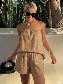Livesso Conjunto de 2 piezas de camisa casual de verano & top tubo con shorts de corte holgado para vacaciones en la playa para mujer - Caqui - Ver 3