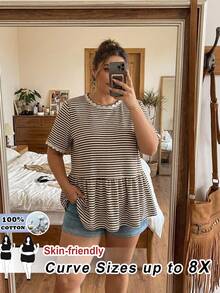 SHEIN CURVE+ 大尺碼女款條紋寬鬆短袖上衣，休閒女裝，大尺碼娃娃衫 - 棕色 - 查看 2