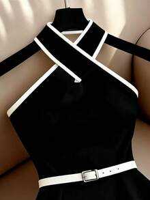 Franclia Women's Elegant Black And White Contrast Cross V-Neck Elastic Waist A-Line Hem Contrast Trim Sleeveless Mini Dress Party Date Night Beach Summer - Black - View 4