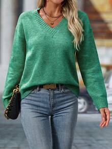 Balvessa Women's Solid Color Long Sleeve Loose V-Neck Casual Sweater - Olive Green - View 3