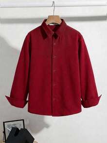SHEIN Tween Boy Casual Long Sleeve Single-Breasted Solid Color Turn-Down Collar Shirt - Burgundy - View 4