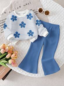 SHEIN Playful Pals 2件組女嬰秋冬可愛3D刺繡大花對比色條紋印花簡約羅紋圓領衛衣與百搭時尚喇叭褲套裝，戶外可愛秋冬女嬰服飾，韓風，返校季 - 彩色 - 查看 1