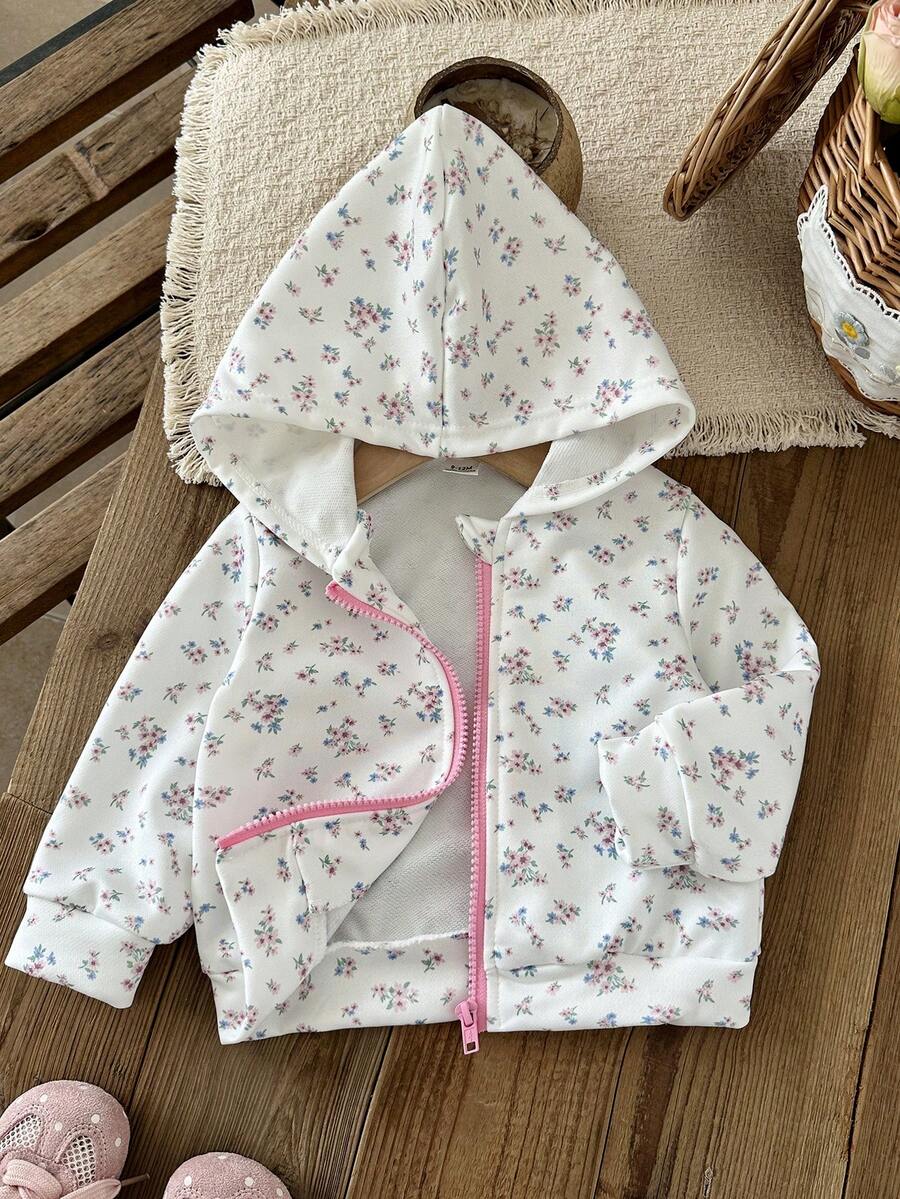 SHEIN 女嬰 0-3歲 1件 春秋休閒風幼兒長袖花卉印花簡約連帽上衣,舒適服飾,適合戶外活動 - 彩色 - 查看 1