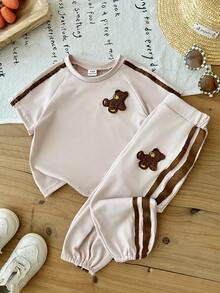 SHEIN 女嬰 2件/套 春季女童休閒運動日常風格寬鬆刺繡裝飾套裝，短澎澎袖圓領上衣&條紋裝飾長褲，舒適衣著適合戶外活動 - 卡其色 - 查看 6