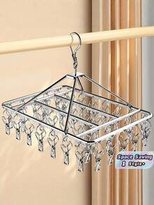 1PC Stainless Steel 40 Clips Polished Metal Swivel Hook Windproof Lock Detachable Clips Durable Sock Hanger Rustproof Heavy Duty Space Saving Multipurpose Laundry Drying Rack Indoor Outdoor Balcony Travel - Multicolor - View 1
