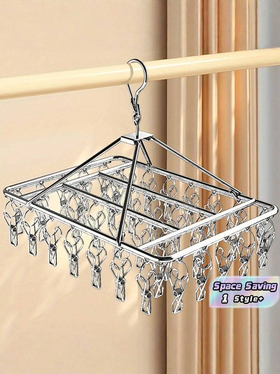 1PC Stainless Steel 40 Clips Polished Metal Swivel Hook Windproof Lock Detachable Clips Durable Sock Hanger Rustproof Heavy Duty Space Saving Multipurpose Laundry Drying Rack Indoor Outdoor Balcony Travel - Multicolor - View 1
