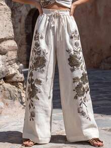 Balvessa Women's Floral Print Waist Tie Wide Leg Long Pants For Vacation - Multicolor - View 1