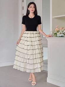 DAZY 女士优雅撞色荷叶边中长连衣裙，夏季婚礼宾客礼服 - 黑色 - 查看 1