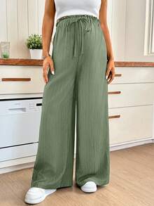 SHEIN 孕婦純色可調腰圍休閒百搭日常穿著寬腿褲 - 綠色 - 查看 7