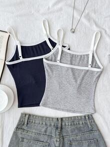 SHEIN Tween Girls Tank Tops & Camis Knit Colorblock Ribbed Vest 2 Pieces Set, Surprise Box [Random 6 Sets, Send 2 Set] - Multicolor - View 5