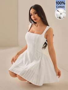 SHEIN PETITE 女款 100% 純棉無袖白色夏季中長洋裝，極簡休閒日常穿著 - 白色 - 查看 6
