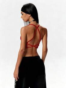 SHEIN Dewbera Sexy Summer Sports Backless Halter Top - Red - View 3