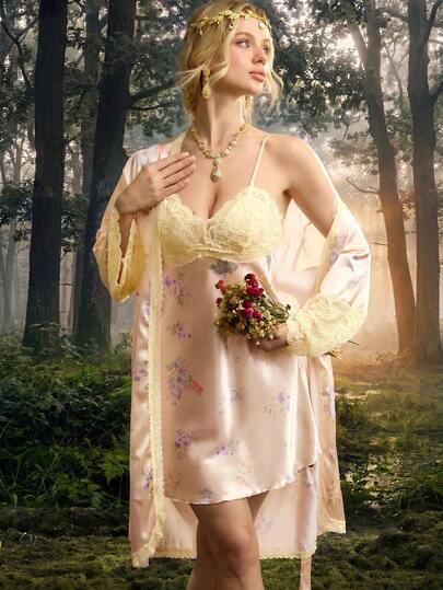 PinupPomp 2pcs Set Lace Patchwork Faux Silk Floral Print Cami Sleep Dress & Belted Robe, Fall Winter Clothes