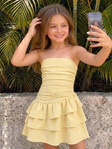 SHEIN Girlism Tween Girl/Tween Girls' Summer Casual Vacation Minimalist Comfortable Layered Ruffle Trim Tube Top Dress - Yellow - View 3