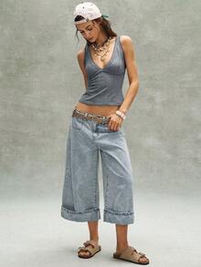 Bohemela Casual Knit Colorblock Back Cutout Fitted Women's Tank Top Vacation Dusty Blue Summer - Grey - View 3