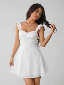 SHEIN PETITE White Chiffon Backless Tied Mini Dress, Lightweight Tight Fit Solid White Dress For Women, Spring/Summer ,Petite Women - White - View 5