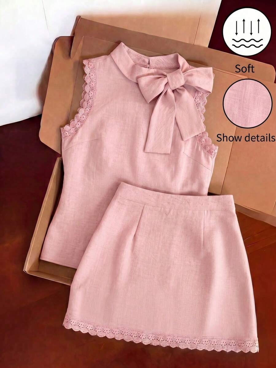 SHEIN Franclia 時尚百搭蕾絲拼接繫帶背心與裙子套裝 - 粉色 - 查看 1