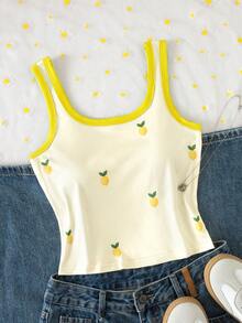 Elladie kids 青少年女孩檸檬刺繡圓領修身不對稱下擺無袖背心上衣 返校季 - 黃色 - 查看 3