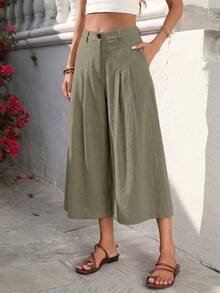 SHEIN Holidaya Women's Casual Vacation Linen Capri Pants, Casual, Beach Vacation, Home, Linen Olive Green Summer - Army Green - View 4