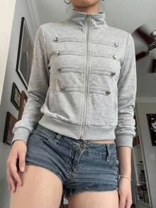Muchica 女款純色立領拉鍊休閒學院風街頭穿搭百搭日常開學長袖夾克 秋季運動休閒服 淺灰色 校園風 - 淺灰色 - 查看 2