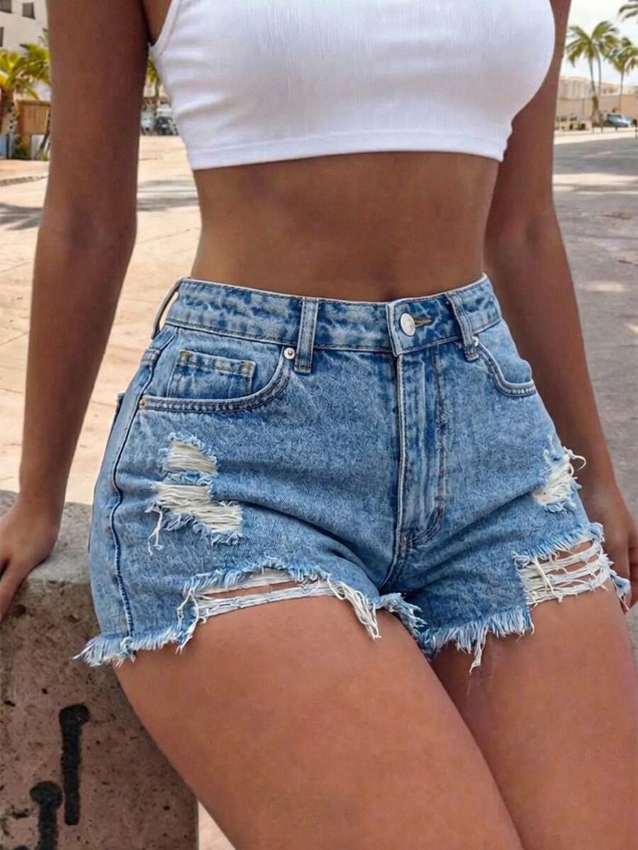 شورتات جينز مُمزَّقة وبحافة مُبهتة للنساء، كاجوال - الأزرق - مشاهدة 1