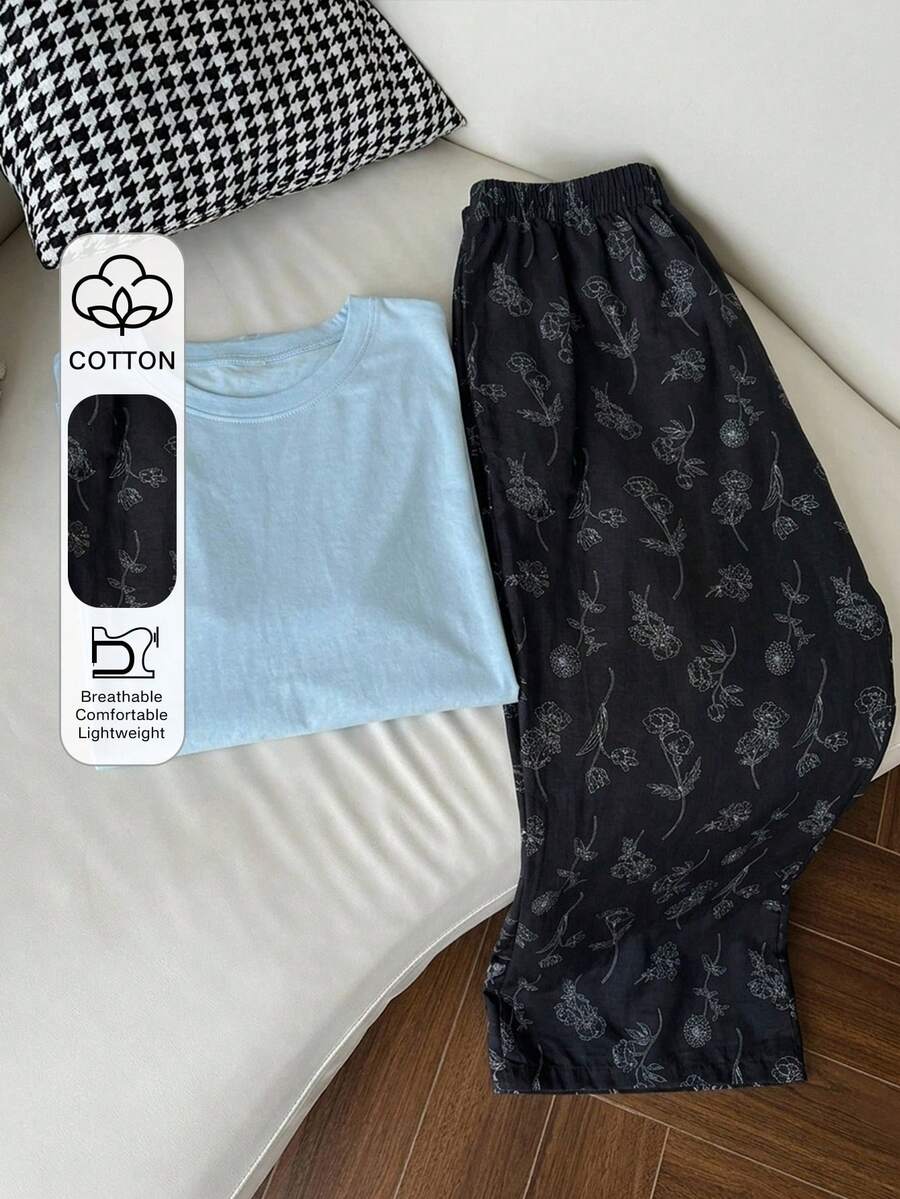 Dazy Plus Spring/Summer Home Wear 2-Piece Set Solid Color Loose T-Shirt Top And Floral Line Drawing Print Pajama Pants Sleepwear Set - Baby Blue - View 1