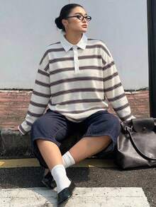Dazy Plus 寬鬆街頭風拼色條紋 Polo 領長袖大尺碼女款 T 恤，秋季校園風 - 白色 - 查看 2