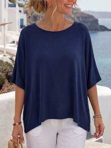 SHEIN LUNE Ladies' Solid Color Asymmetrical T-Shirt - Navy Blue - View 3