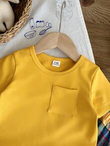 SHEIN 女嬰 0-3歲夏季&秋季休閒可愛風 2件/套外出套裝，純色布料短袖簡約上衣&格紋布料寬鬆簡約長褲。舒適衣著適合戶外活動。 - 黃色 - 查看 8