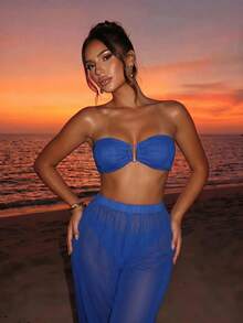 Sirith Summer Beach U Wired Bandeau Bikini With Beach Pants Vacation - Royal Blue - View 4