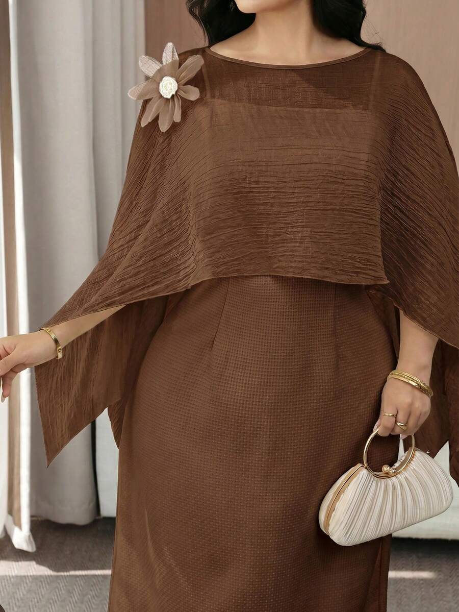 Modelyn Plus Size Solid Color Minimalist Design 3D Floral Decor Elegant Summer Dress Fall - Coffee Brown - View 1