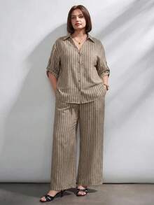 Chikora Plus Size Summer Brown Open Front Two Pieces Set, Brown Two Pieces Set, Office Wear, Suitable For Multiple Occasions - Multicolor - View 5