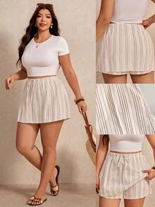 Elaquor Plus Size Women's Drawstring Waist White Colorblock Casual Boho Versatile Daily Vacation Skort Summer Beach - Multicolor - View 1
