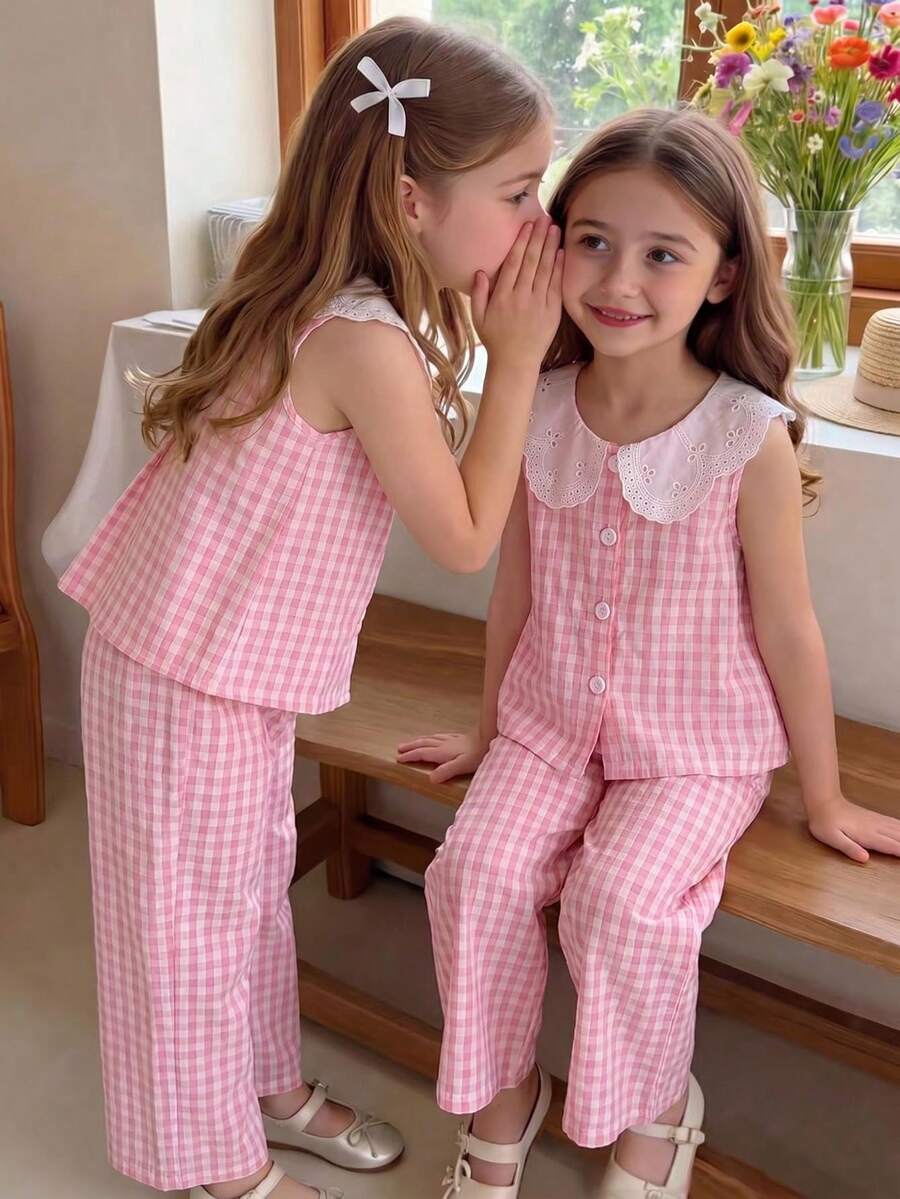 SHEIN Elladie kids 少女夏季粉白簡約優雅風直條紋花瓣領無袖上衣 & 寬腿長褲套裝，適合日常出遊、休閒旅行、校園穿搭、派對活動及拍照穿搭
