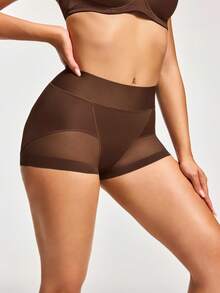 SHAPORA Shorts moldeadores de Body con malla de contraste de unicolor para mujer - Café integral - Ver 4