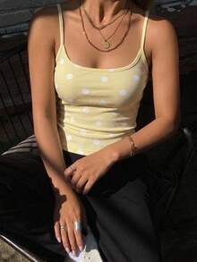 Livesso 春夏波點滿版印花黃色短版女款修身性感細肩帶背心，適合情人節、婚禮宴會、音樂節、休閒度假、時尚派對 - 黃色 - 查看 3