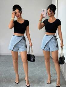 SHEIN Clasi Women's Fashion Versatile Colorblock Tie-Up Asymmetrical Hem Denim Shorts Going Out Vacation Light Blue Summer Casual Streetwear - Blue - View 6