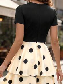 SHEIN LUNE Women's Polka Dot Round-Neck Short-Sleeve Black Cinched Waist Dress Dinner Party Summer Vintage Elegant - Multicolor - View 5