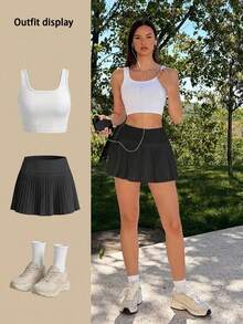 Fluxe Solid Color Knit Pleated Sports Skirt/Shorts - Black - View 10