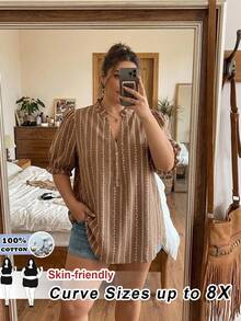 SHEIN CURVE+ Plus Size Women Casual Vacation Notched Collar All-Over Print Petal Sleeve Shirt Vacation White Summer - Khaki - View 1
