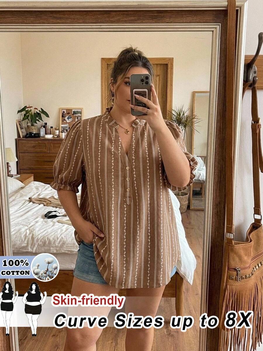 SHEIN CURVE+ Plus Size Women Casual Vacation Notched Collar All-Over Print Petal Sleeve Shirt Vacation White Summer - Khaki - View 1