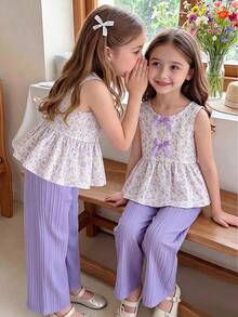 SHEIN Elladie kids 女童新款清新田園風細碎花兩件套，粉色蝴蝶結裝飾無袖背心上衣 + 粉色紋理布料寬腿長褲，甜美可愛時尚日常穿搭，夏季 - 紫色 - 查看 2
