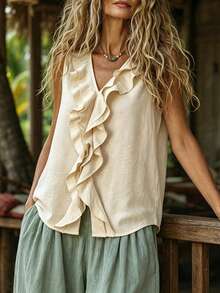 Balvessa Blusa casual de verano para uso diario cómoda con cuello en V, volantes fruncidos y sin mangas - Albaricoque - Ver 4