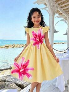 SHEIN Tween Girls' Print Patterned Flutter Sleeve Waist-Cinched Long Dress - Multicolor - View 5