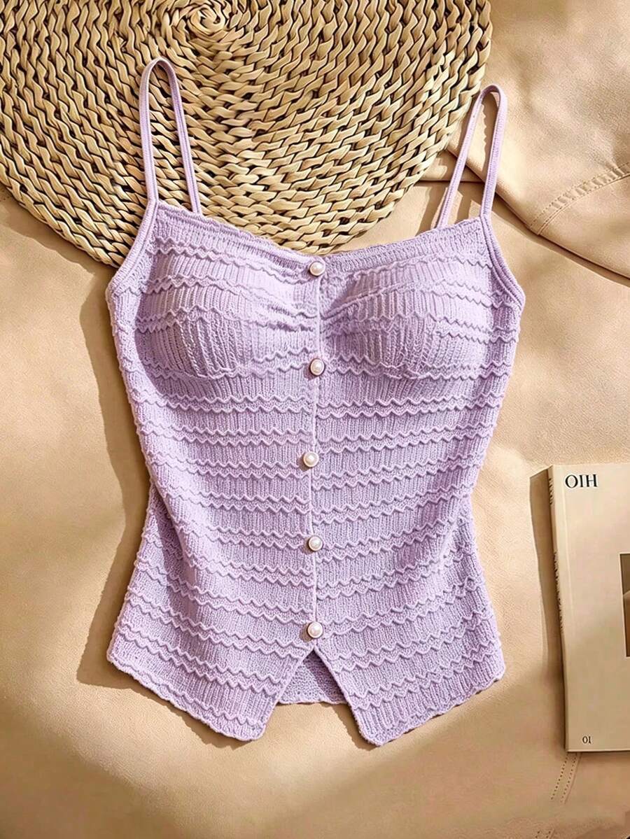 SHEIN Franclia 女款法式休閒浪漫優雅紋理柔軟鏤空面料細肩帶背心上衣,春夏修身蕾絲度假風薰衣草色背心 - 紫色 - 查看 1